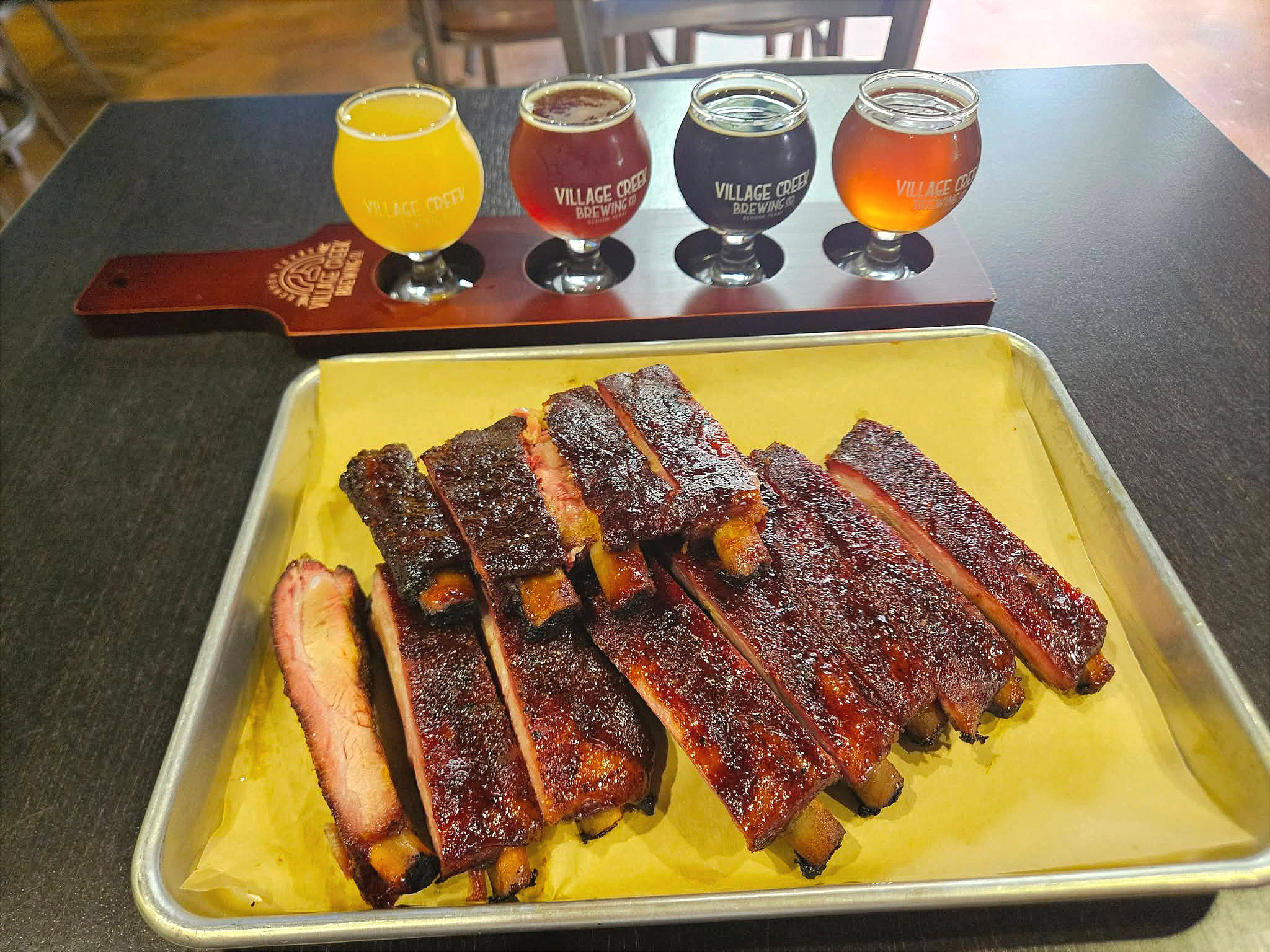 Ribs with a Village Creek Brewery beer flight